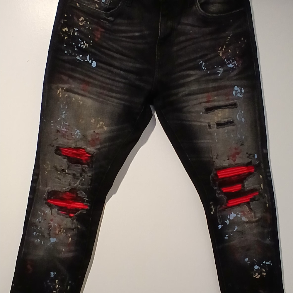 Men's Jordan Craig Distressed Black Jeans with Red and Blue AccentsW 34 - L 32